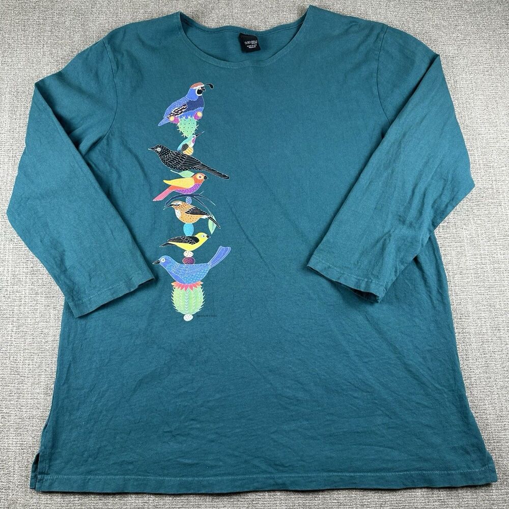 Sabaku Artwear Teal Blue Bird Totem 3/4 Sleeve Shirt Women’s M Made In USA